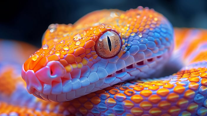 Close-up of a colorful snake with water droplets