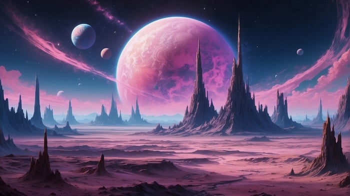 Alien Planet Landscape with Large Pink Planet
