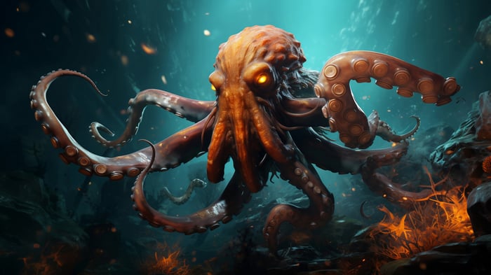 Giant Octopus in Deep Ocean with Glowing Eyes