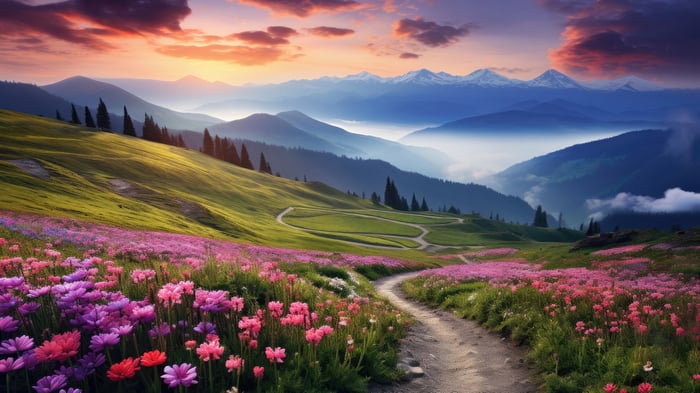 Mountain landscape with flowers and sunset