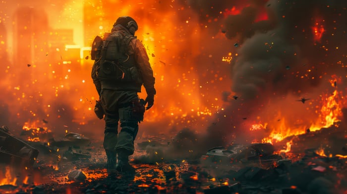 Soldier in a burning city, digital art, 4K