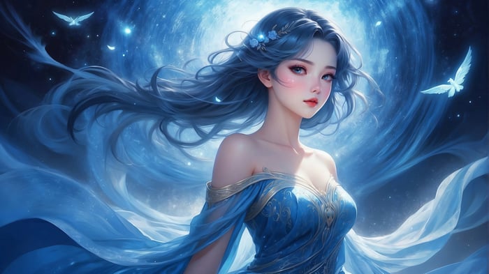 Beautiful Anime Girl in Blue Fantasy 4K