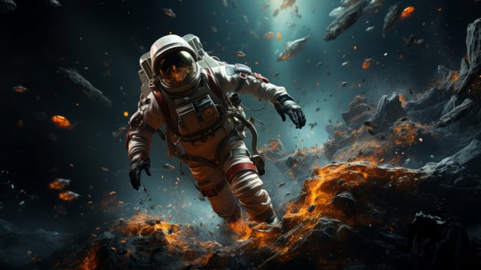 Astronaut floating in space near fiery asteroids