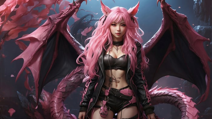 Anime Girl with Pink Hair and Dragon Wings 4K