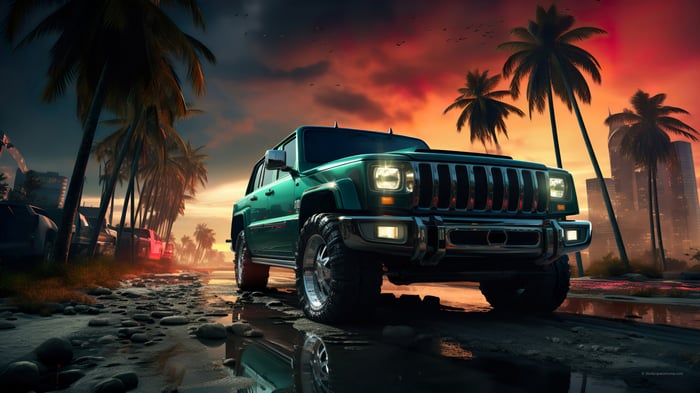 Green SUV on a road with palm trees and city skyline