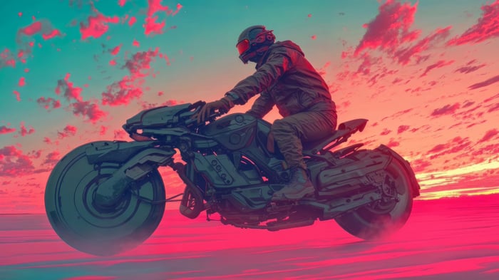 Cyberpunk motorcycle rider in a neon sunset