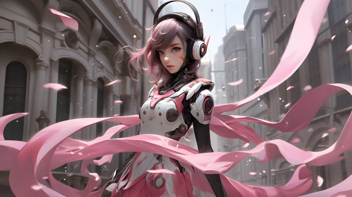 Anime Girl in Mecha Suit with Pink Ribbons 4K