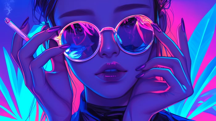 Girl Smoking with Round Glasses in Neon Lights 4K