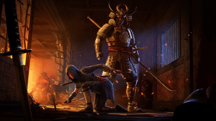 Samurai and Shinobi in a burning building
