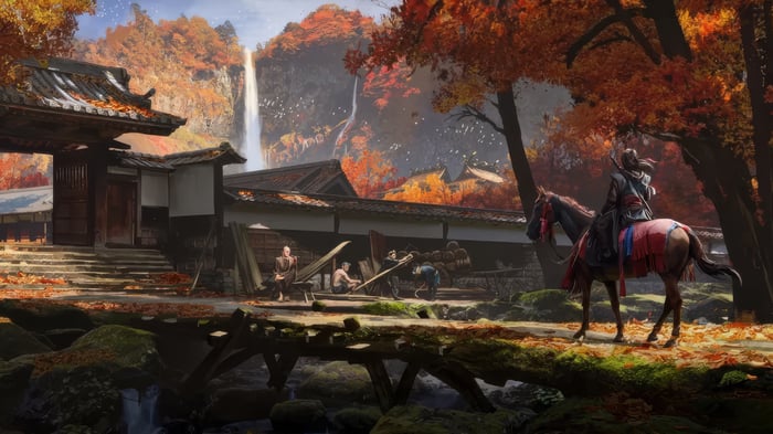 Assassin's Creed Shadows: Autumnal Japanese Village with Waterfall