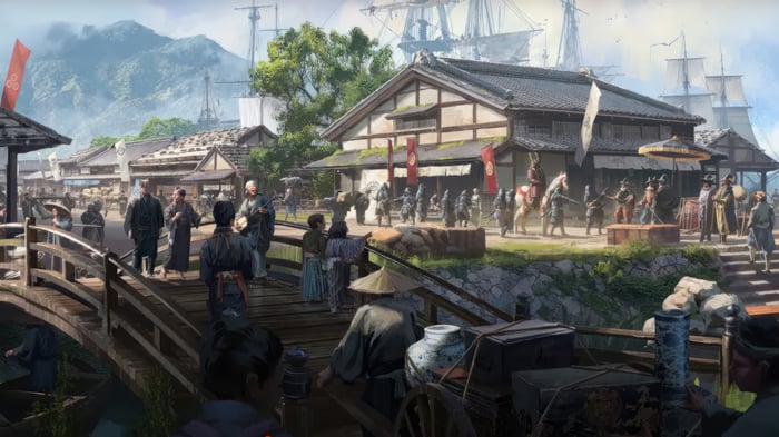 Video Game: Japan Harbor Scene with Ships and People