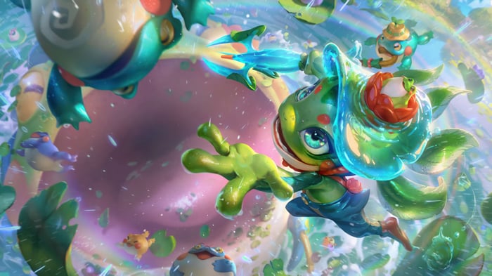 Fizz and his frog companions in League of Legends 4K