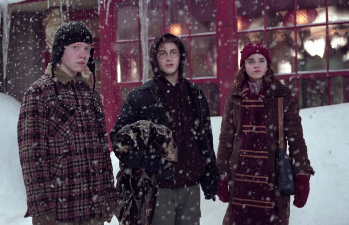Harry Potter, Ron Weasley, and Hermione Granger in Hogsmeade