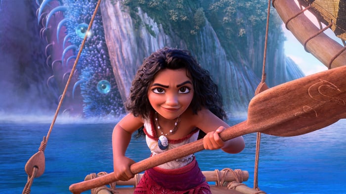 Moana on a boat with a monster in the background