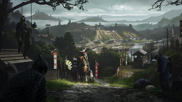 Samurai in a village with hanging bodies