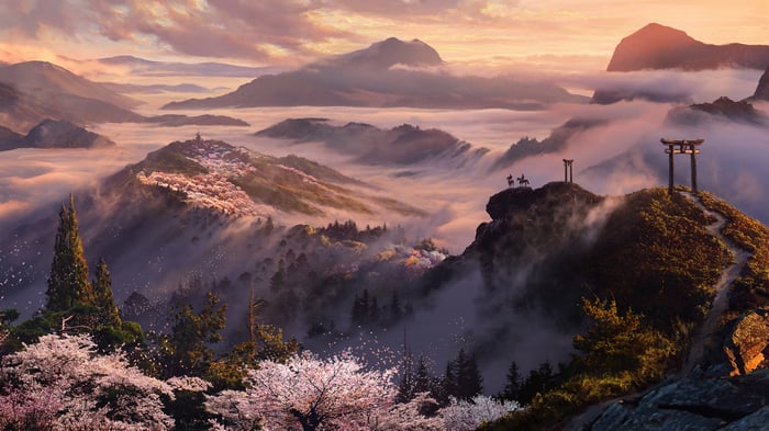 4K Japanese Mountain Landscape with Torii Gate
