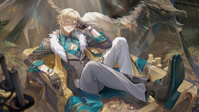 Aventurine from Honkai: Star Rail sitting on a throne
