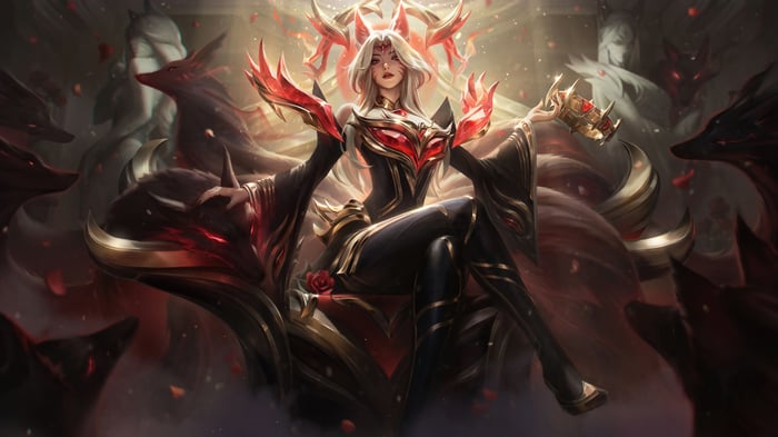 Ahri on a throne with fox spirits in League of Legends 4K