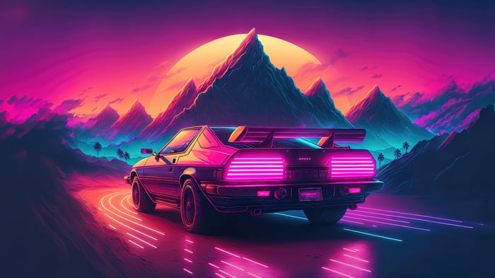 Retro car driving through neon mountains at sunset