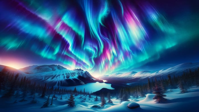 Aurora Borealis over Snowy Mountains and Lake 4K