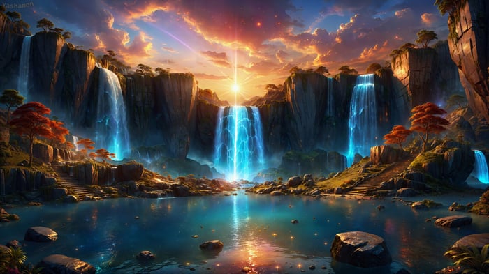 Digital Art 4K Waterfall Scenery Sunrise