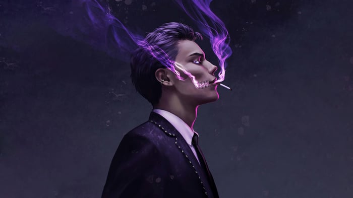 Man smoking with purple skull smoke
