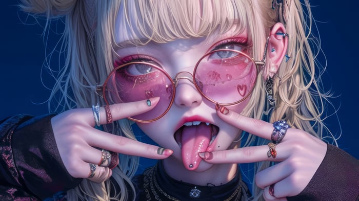 Anime Girl with Glasses and Tongue Out 4K
