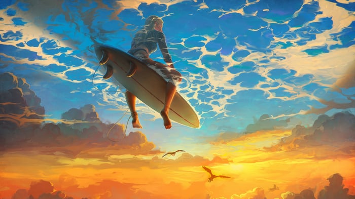 Surfer on a surfboard in the sky at sunset 4K