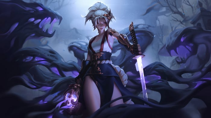 Fantasy girl warrior with katana and shadow monsters 4K