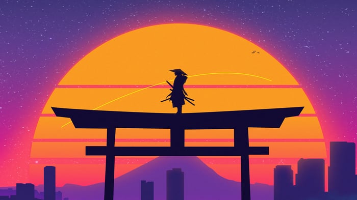 Samurai Silhouette at Sunset in front of Torii Gate