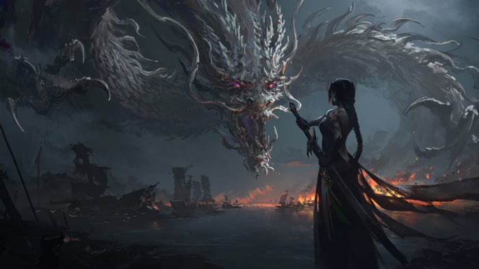 A Woman and a Dragon in a Burning Landscape 4K