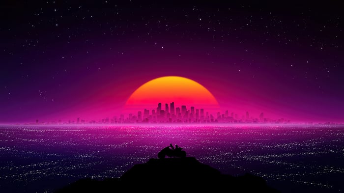 Synthwave Cityscape with Sunset and Stars