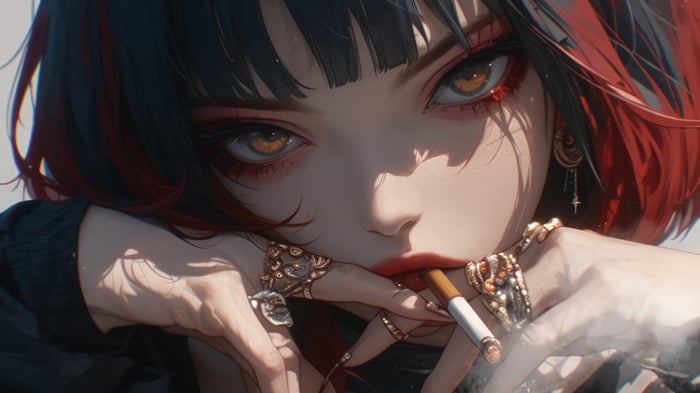 Anime girl smoking with red highlights 4K