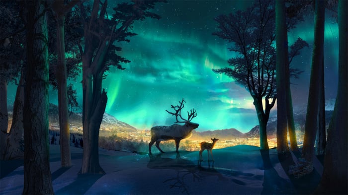 Reindeer and Northern Lights in a Forest