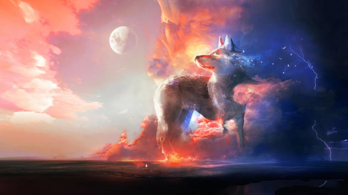 Fantasy Wolf in Stormy Sky with Moon