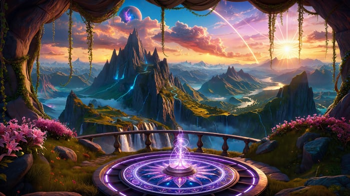 Fantasy landscape with mountains and a magical portal