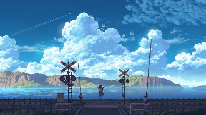 Anime Girl at Railroad Crossing with Scenic View 4K