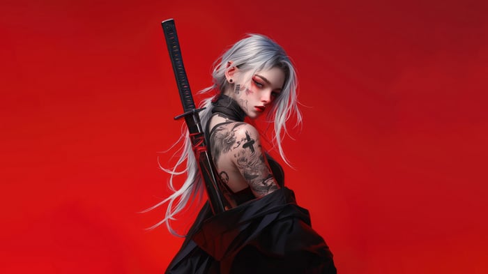 Anime Girl with Katana and Tattoos 4K