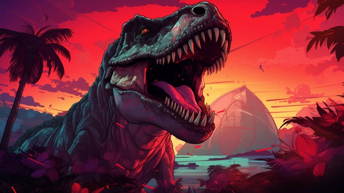 Dinosaur roaring at sunset with palm trees