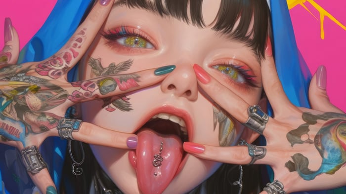 Anime Girl Nun with Tattoos and Tongue Out 4K