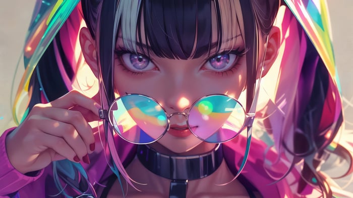 Anime girl with colorful hair and glasses