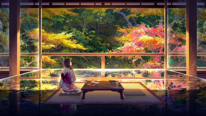 Anime girl in kimono looking at autumn forest 4K