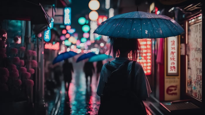 Girl with umbrella in a neon Tokyo alleyway