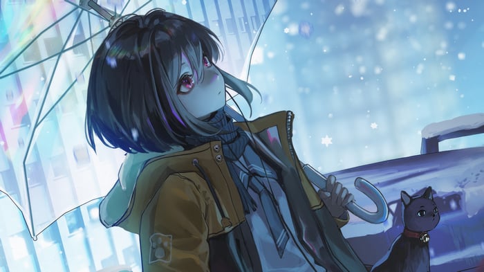 Anime girl with umbrella and cat in snow