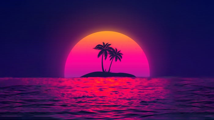 Retrowave Sunset with Palm Trees on Island 4K