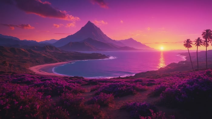 Sunset over a tropical bay with mountains and flowers 4K