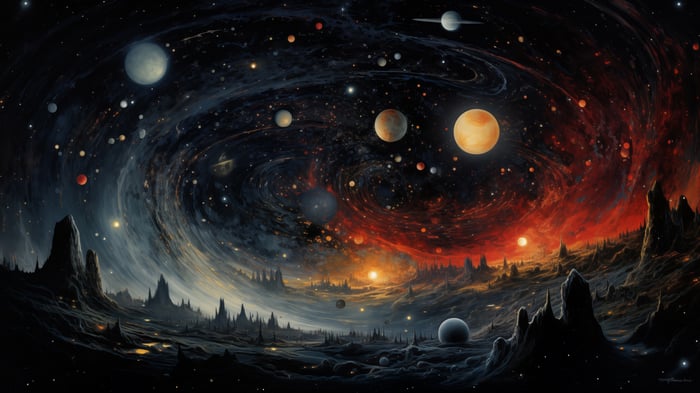 Planets and nebulae in a cosmic landscape 4K