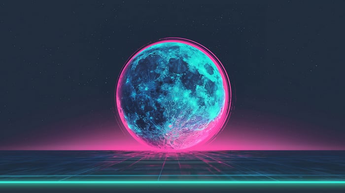 Vaporwave Moon on a Digital Grid