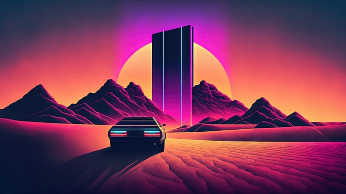 Retrowave Car and Monolith in Desert Landscape 4K