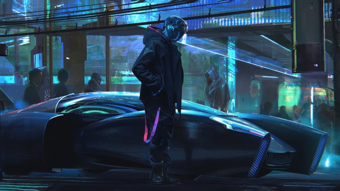 Cyberpunk character with futuristic car in 4K